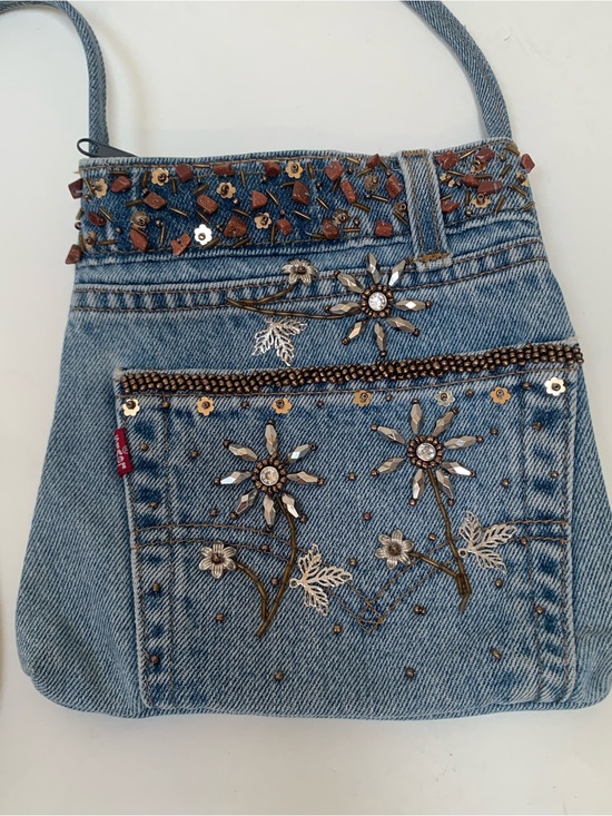 Hand Crafted Handbags - Handcrafted Levi’s Beaded Embellished Denim Light Blue Crossbody Bag Purse Tab